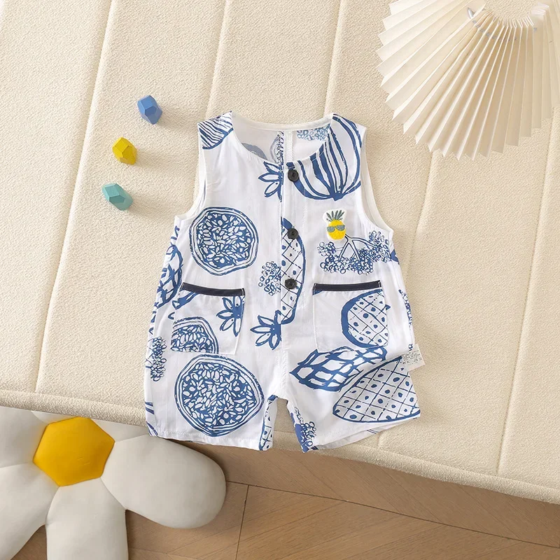 2026 Baby Bodys und Einteiler Sommer Ärmellose Strampler 0-3 Jahre Mädchen Jungen Bedruckte Urlaubs-Strand-Style Shorts Kleidung