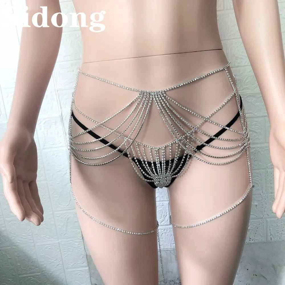 Sexy female Luxury Body Jewelry Crystal bikini underwear set chain bra sling multi-layer crystal waist chain t-pants accessories