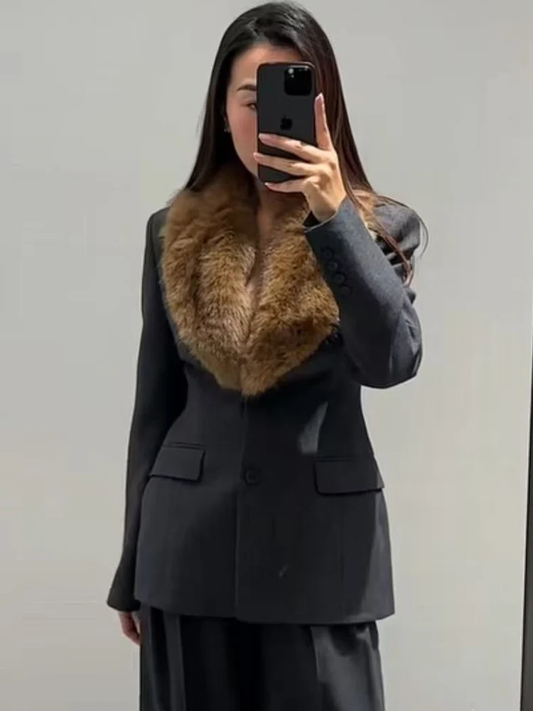 Women Fur Collar Suit Coats Elegant Casual Lapel Long Sleeve Pockets Decoration Single Breasted Ladies Slim Fashion Blazers