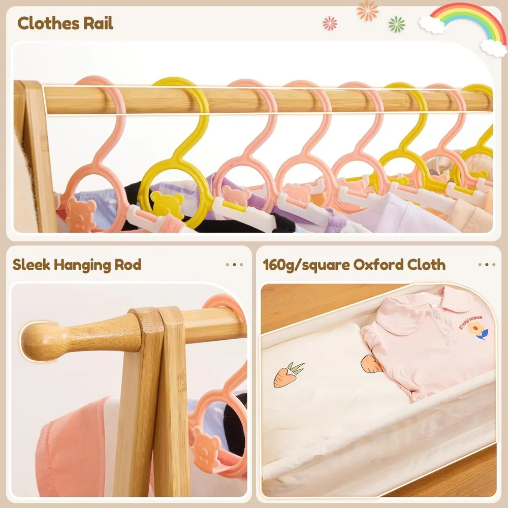 Kids Clothing Rack with Storage Box, Dress up Rack, Child Garment Rack with Hanging Rods, Small and Foldable, Bamboo (Natural)