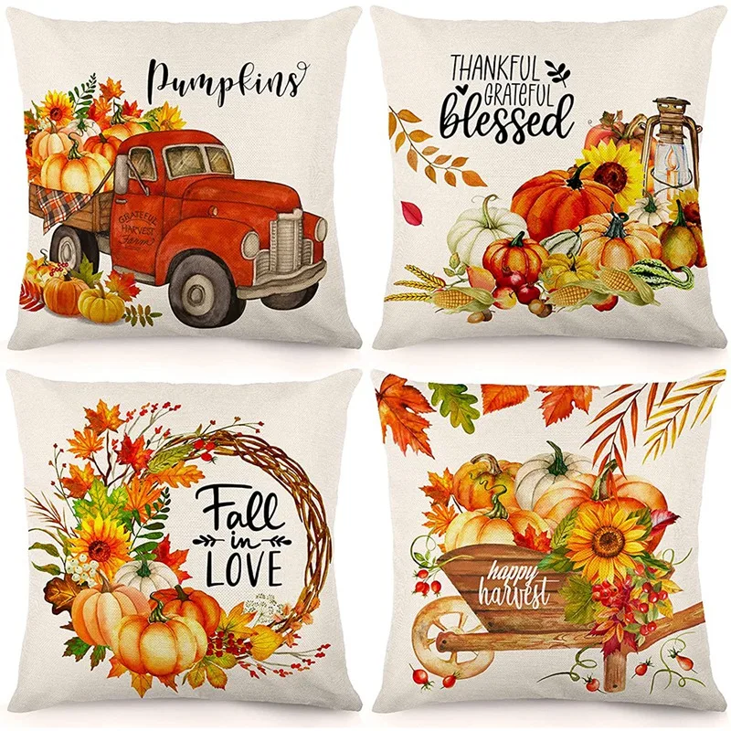 

Fall Pillow Covers 18X18 Set Of 4 Outdoor Throw Pillowcase Farmhouse Decorations Linen Cushion Case For Home Decor