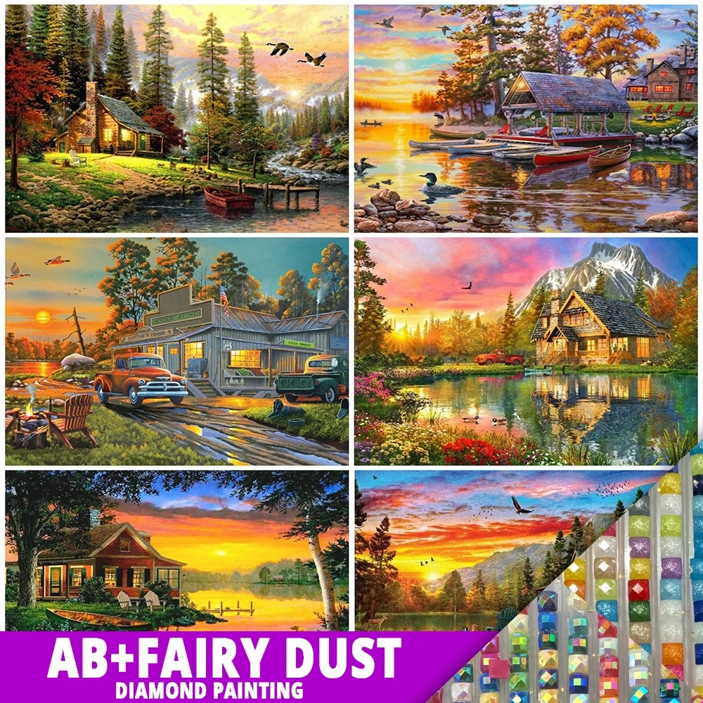 

AB Fairy Dust Diamond Painting 5D Sunset Embroidery Landscape Mosaic House Rhinestones Handmade Hobby Full Drill DIY Crafts