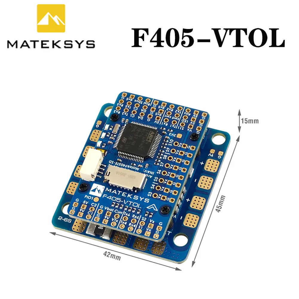 

Контроллер полета Matek MATEKSYS F405-VTOL STM32F405RGT6, со встроенным слотом для карт MicroSD OSD, 2 ~ 6S, для FPV ру дронов с несколькими несущими винтами