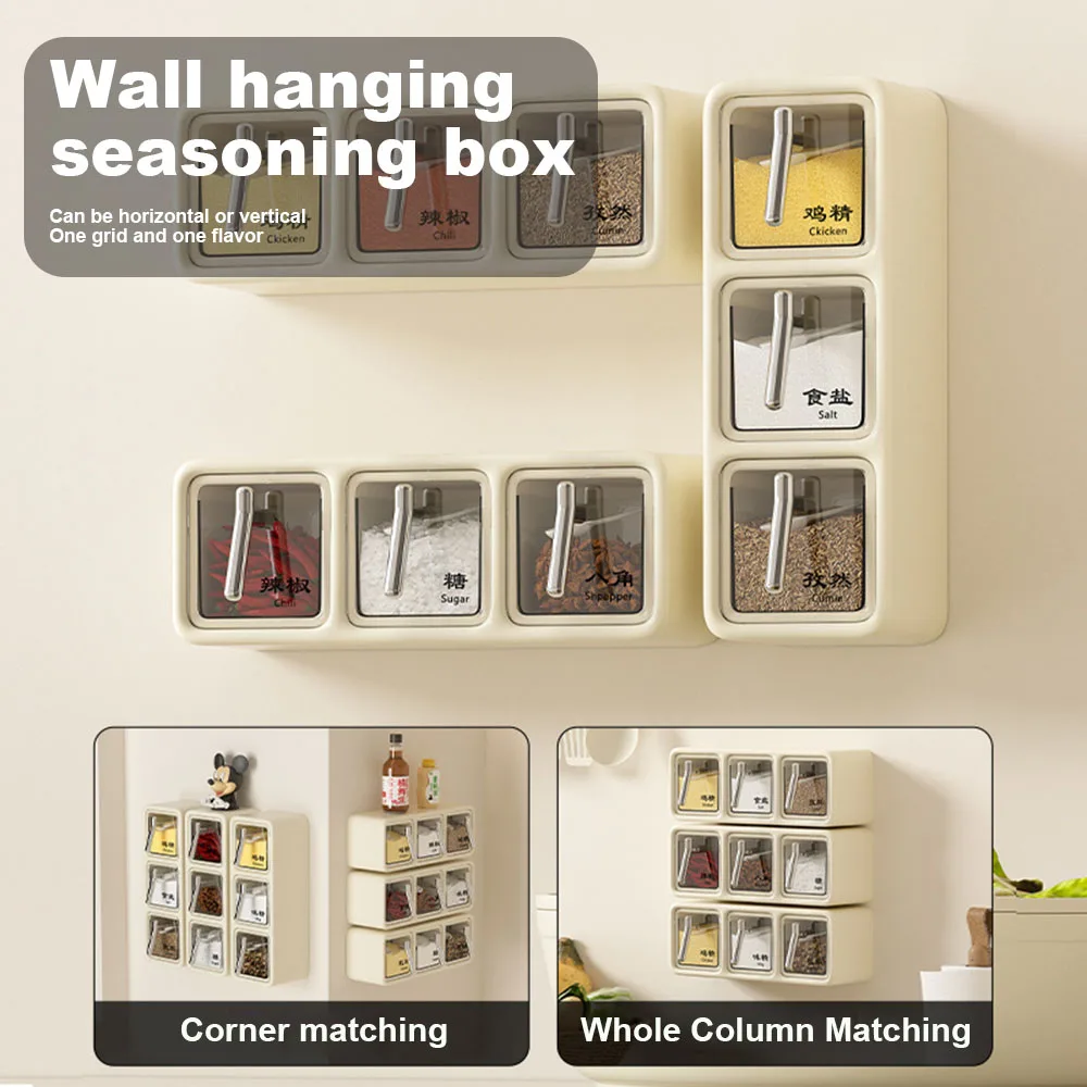 Fashion 3 Grid Visiables Wall Hanging Seasoning Box Waterproof Multi-Grid Seasoning Bottle Kitchen Supplies