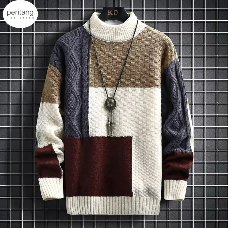 

2023 Autumn and Winter New Sweater Warm Fashion Stitching Color Matching Pullover Round Neck Sweater Thickened Knitted Sweater