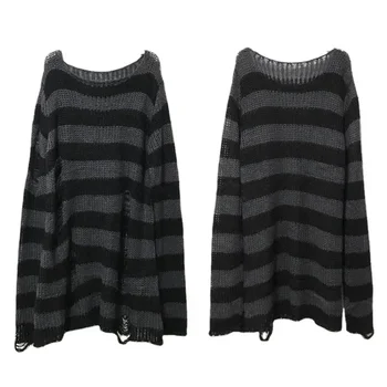 Autumn Punk Gothic Top Long  Unisex Sweater Women Striped Cool Hollow Out Hole Broken Jumper Loose Rock Thin Dark Streetwear