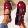 2025 New Women's Thick Heel Shoes Autumn New Round Head Shallow Mouth One Word Thick Soft Sole Non-slip Low Top Leather Shoes 1