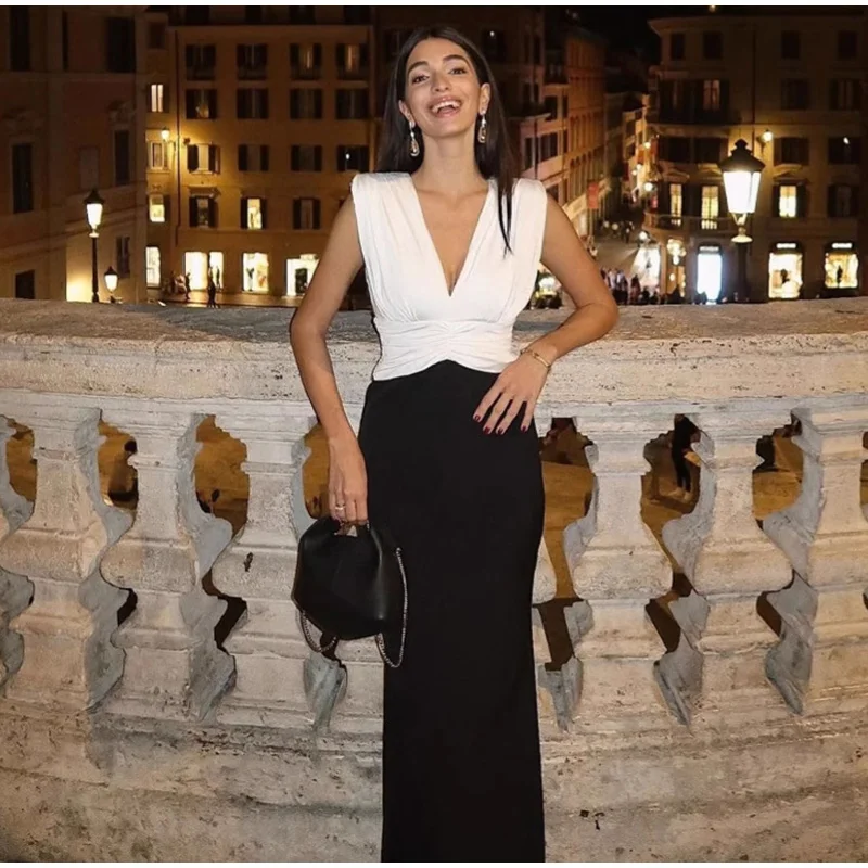 Elegant Deep V-neck Patchwork Long Dress Women Vintage Pleated Sleeveless Slim Fit Dresses Female Spring Chic Street Office