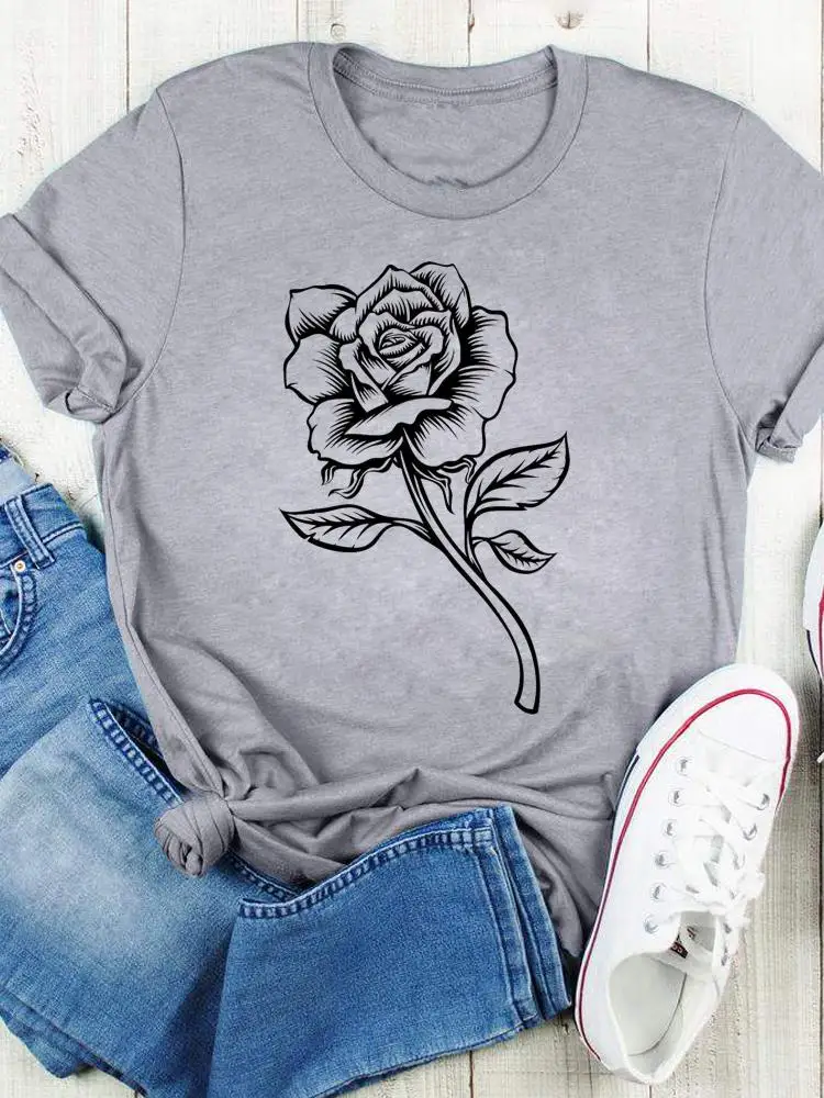 

Flower Sweet Trend Cute Tee Women Lady Print Summer Casual Cartoon Graphic T Top Clothing Cartoon Fashion Tshirts T-Shirt