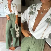 Ensemble de vêtements à fleurs florales à manches longues pour femmes, haut de chemise à boutonnage simple, pantalon taille haute à jambes larges, 2 pièces 1