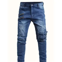 Men's Slim Fit Elastic Denim Pants - Stylish Biker Streetwear Jeans - XXXL (Blue)