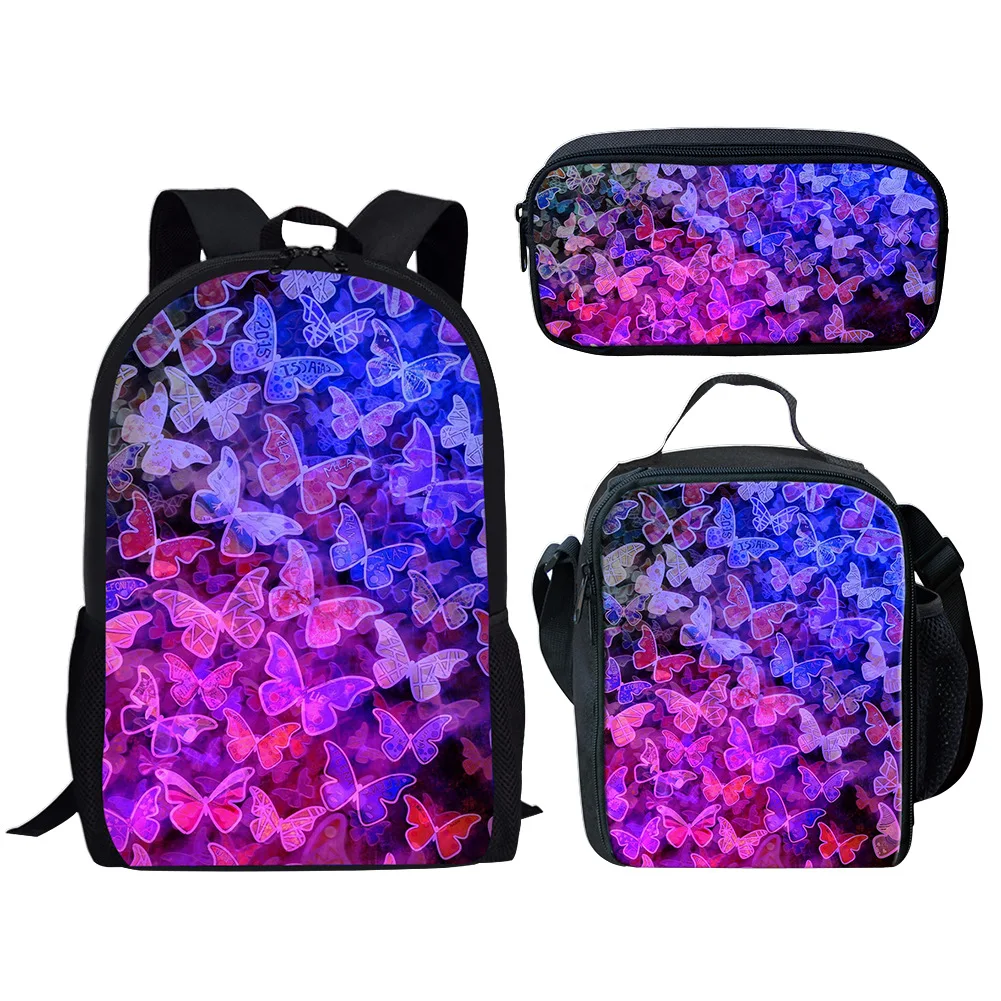 Popular Youthful butterfly 3D Print 3pcs/Set Student Travel bags Laptop Daypack Backpack Lunch Bag Pencil Case