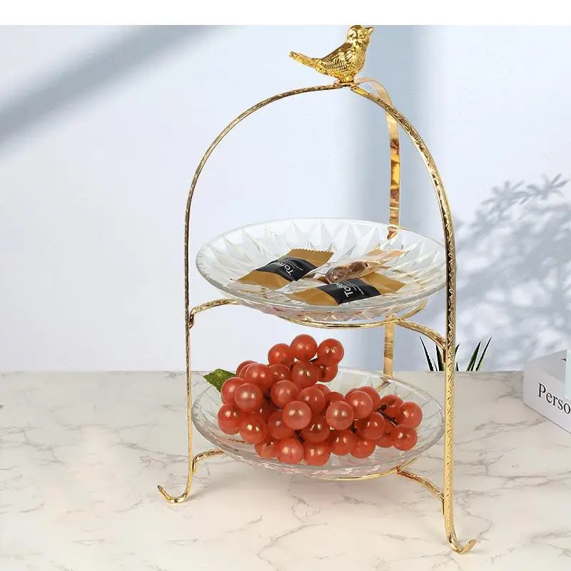 

Double Layer Fruit Plate Metal Glass Cake Pan Cake Stand Dessert Plate Bread Pan Dim Sum Plates Candy Snack Tray Display Stand