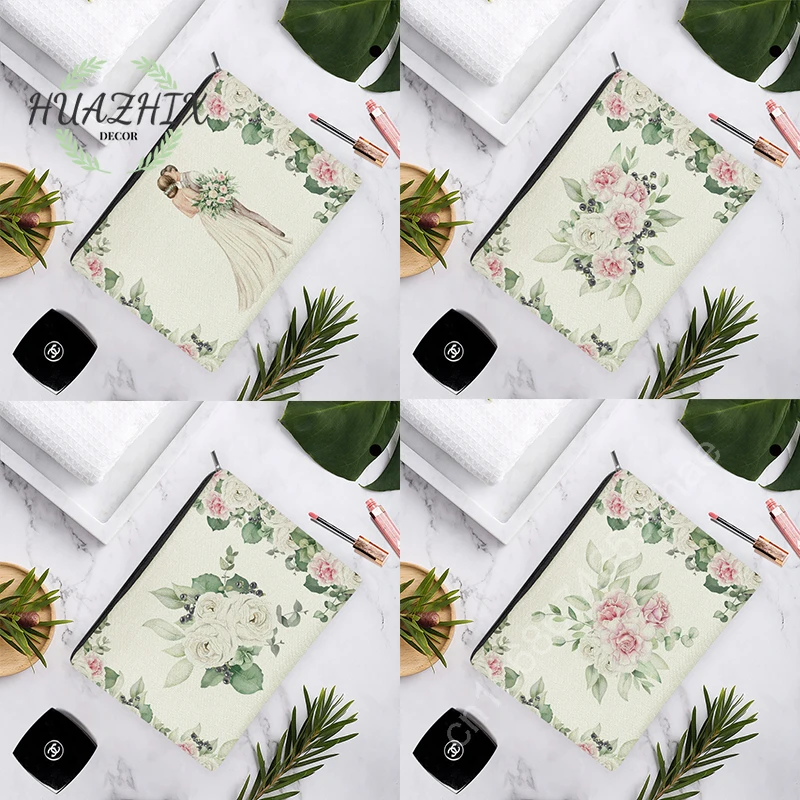 

Wedding Theme Cosmetic Bags for Women Canvas Makeup Cases Lovers Flower Champagne Lipstick Organizer Portable Bag Storage Purse