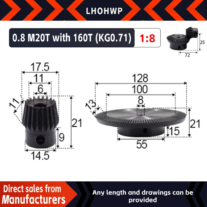 

8：1 Bevel Gear 0.8Modulus 20Teeth With 160 Teeth Inner Hole 6-8mm 90 Degree Drive Reverse Steel Gear Steel Gear