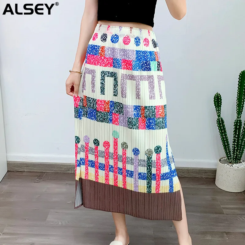 

ALSEY Miyake Pleated Skirt Printed Slit Fashion Aesthetic Retro Slim Floral Office Lady Women's Bustier 2023 Spring Summer New