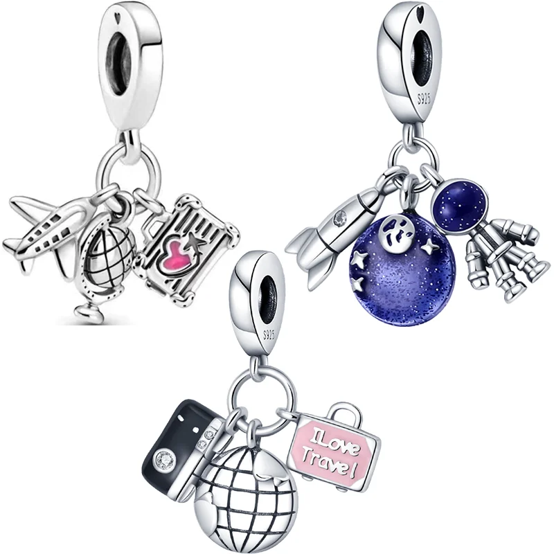 

925 Silver Airplane Earth Globe Suitcase Camera Astronaut Rocket Love Travel Beads Fit Original Pandora Charms Bracelets Jewelry