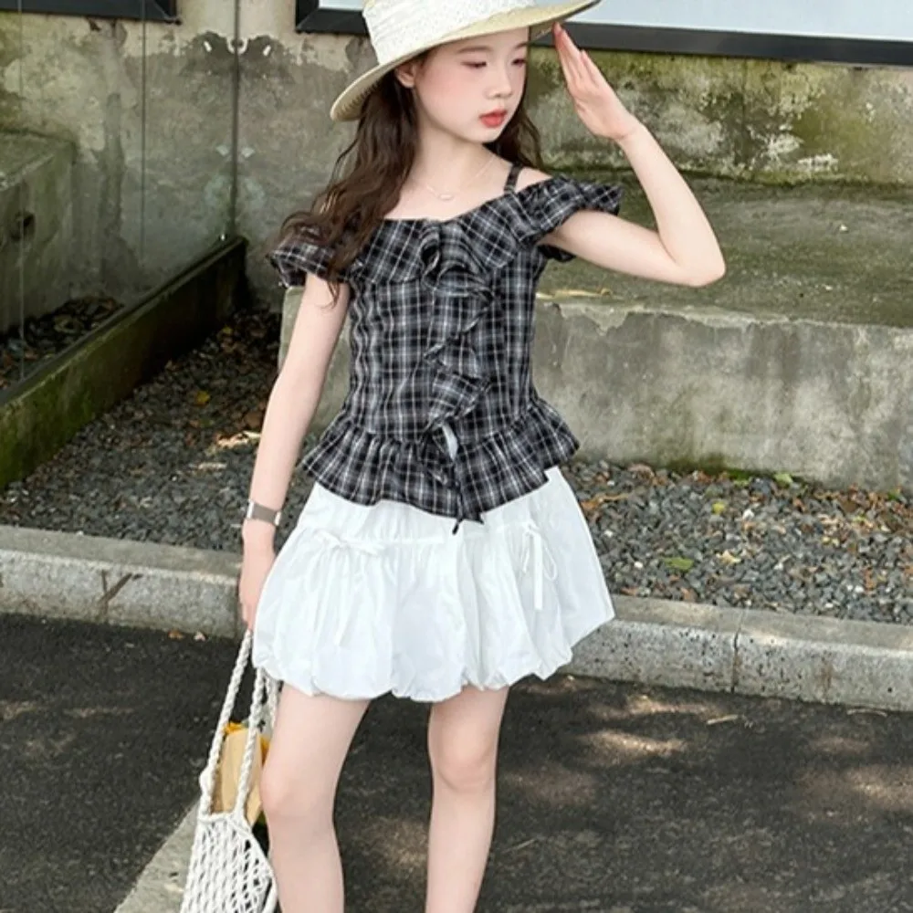 Grid Pleated Kids Ruffles Short Dress One Shoulder Neck Suspenders Girls Puff Sleeve Skirt Casual Camisole Top