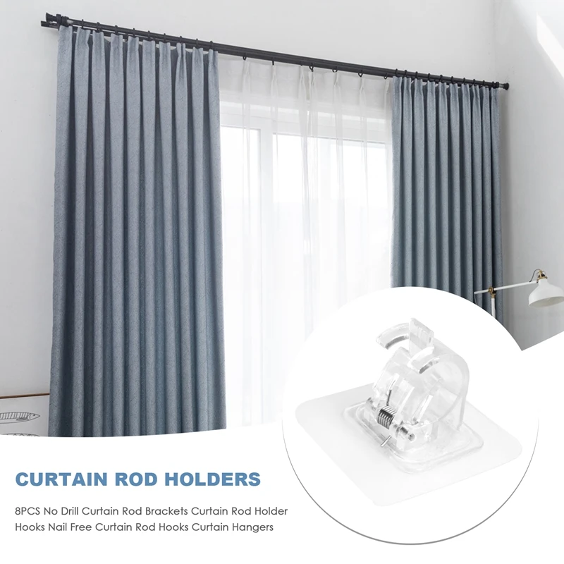 8PCS No Drill Curtain Rod Brackets Curtain Rod Holder Hooks Nail Free Hooks Hangers Home