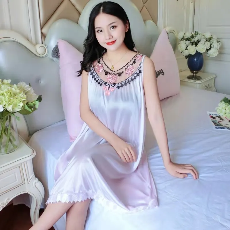 Women's Nightgowns Silk Satin Sleepwear Sleeveless Strap Nightdress Lace Nightwear Ladies Loungewear pajamas pyjamas Homewear
