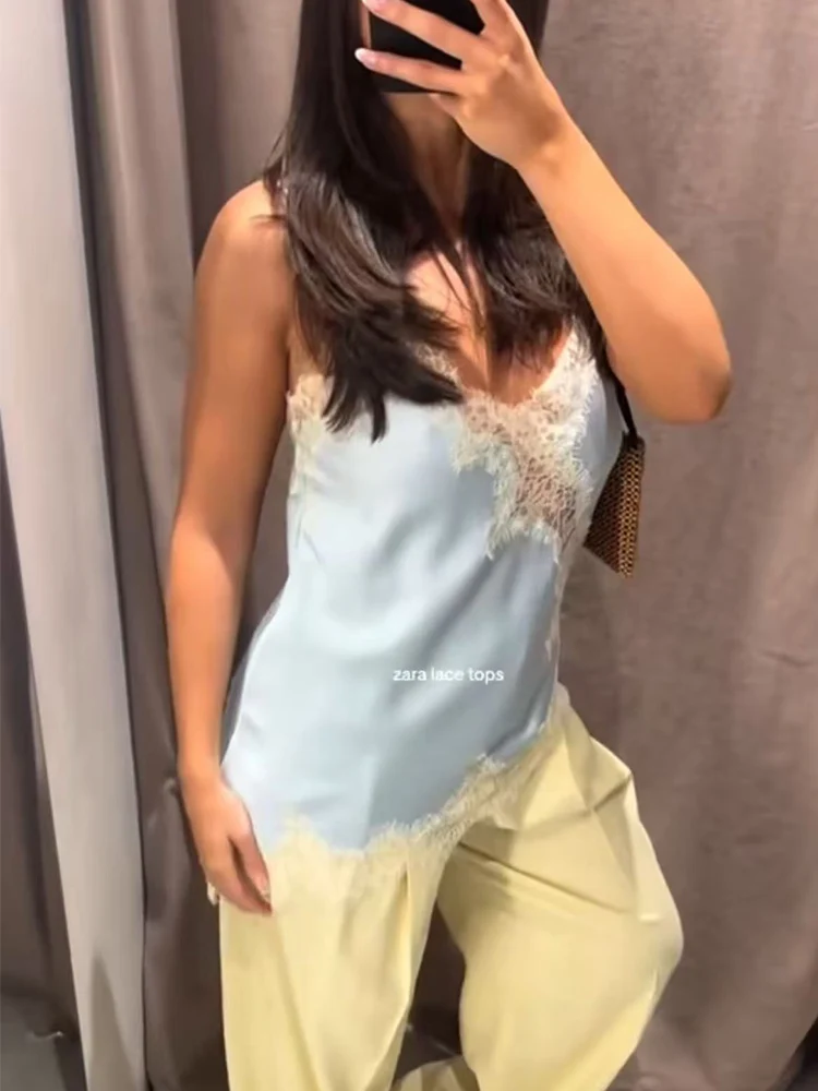 TFMLN Woman Sexy Asymmetrical Hem Sling Top V-neck Sleeveless Backless Hollow Lace Splice Summer Slim Tops Fashion Elegant