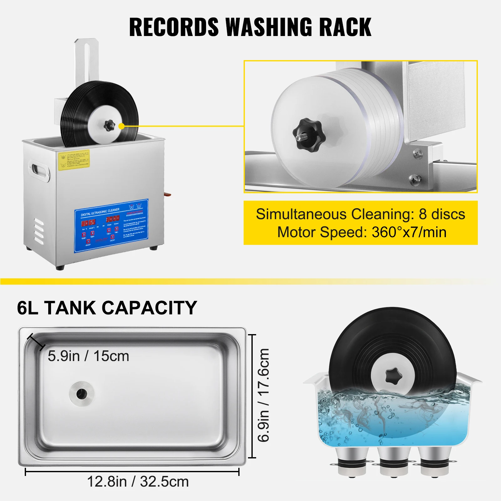 VEVOR Ultrasonic Cleaner 6L Ultrasonic Vinyl Cleaner 7-12 Inch 8 Records 180W Ultrasonic Records Cleaner w/Drying Rack for Home 6