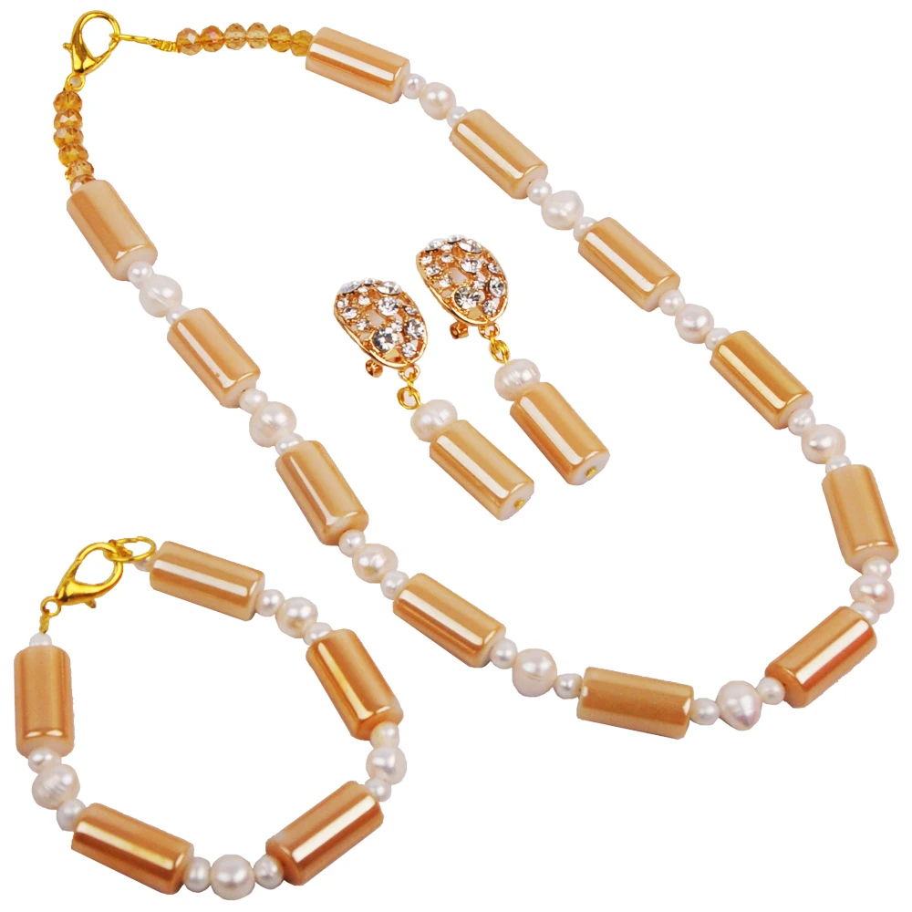 

Champagne Gold Crystal and White Freshwater Pearl Necklace African Beads Jewelry Set