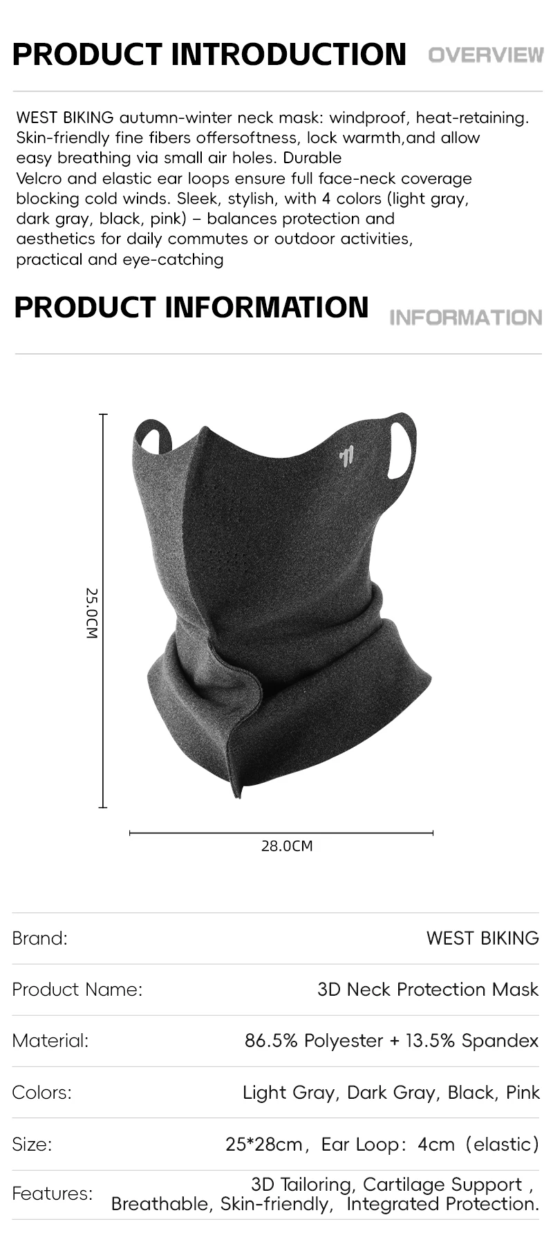 WEST BIKING Herbst und Winter 2-in-1-Gesichtsmaske für Herren und Damen, winddicht, wärmebeständig, Nackenschutz, Schal, Sport, Radfahren, Skifahren – Detail 2