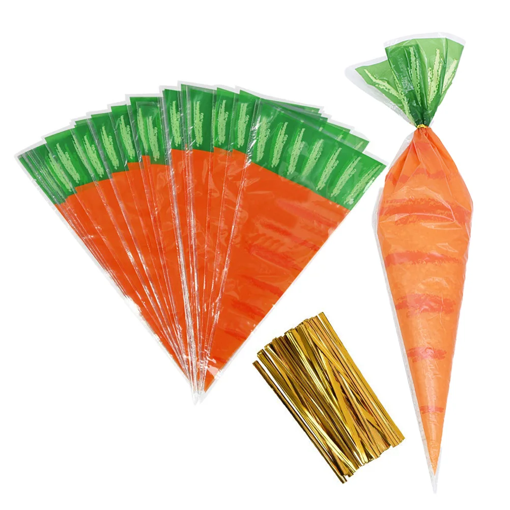 

50Pcs Easter Christmas Carrot Patterned Cone Shaped Treat Bags Triangle Goody Bags with Cellophane Treat Bags