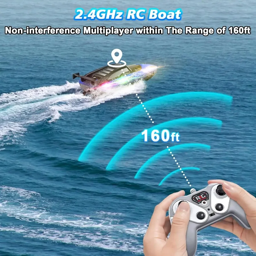 RC Boat with LED Lights 2.4Ghz Full Size for Pools and Lakes 30 Minutes Run Time Pool Toys