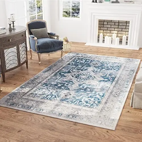 

feet-Area Rug Carpet-Distressed Vintage Medallion Bedroom Dining Living Room -Aesthetic Machine Washable TP Backing-Grey Carpet