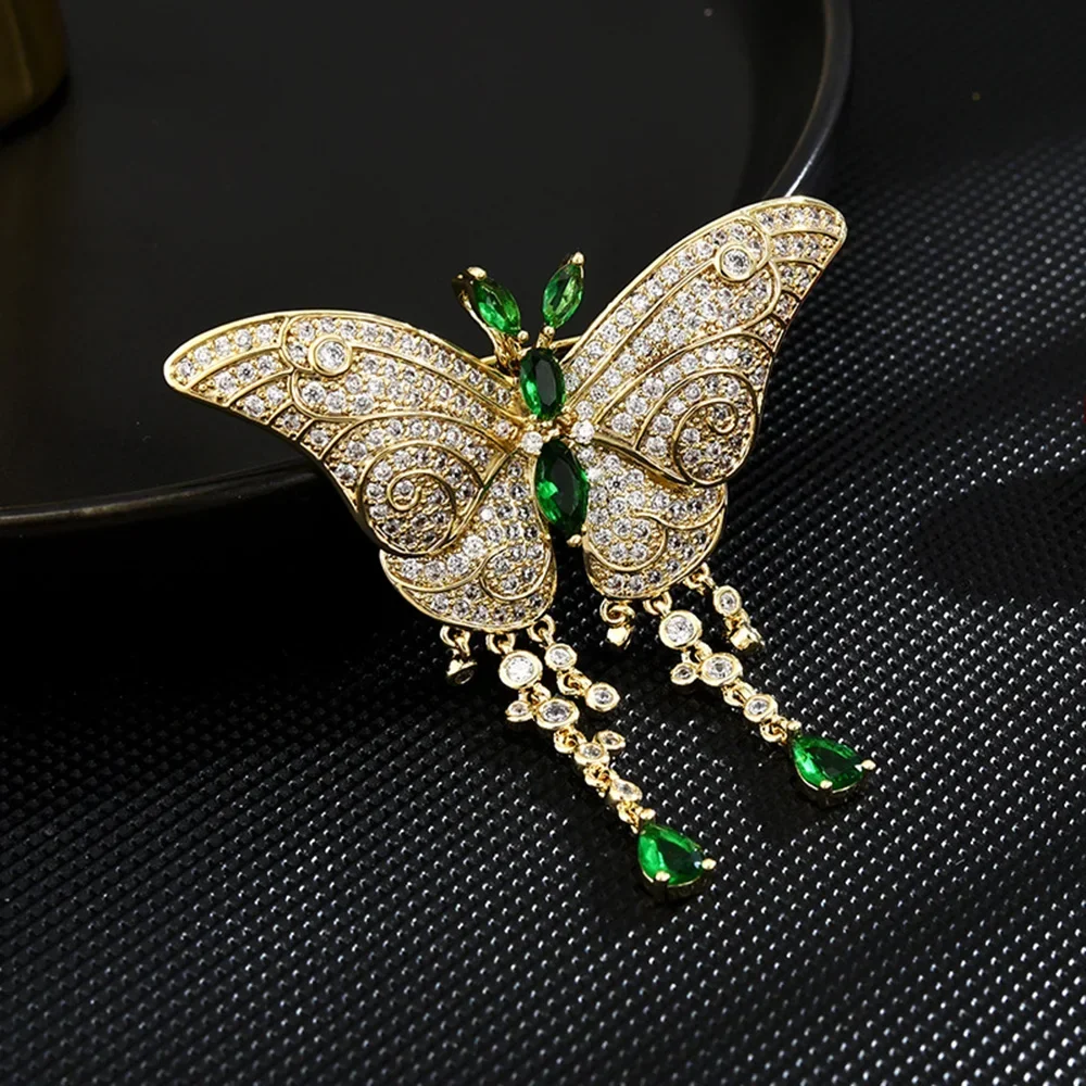 luxurious Brooch for women Butterfly Brooch Green Zircon Pendant Tassel Pin Delicate Jewelry Coat Suit Corsage Accessories gifts