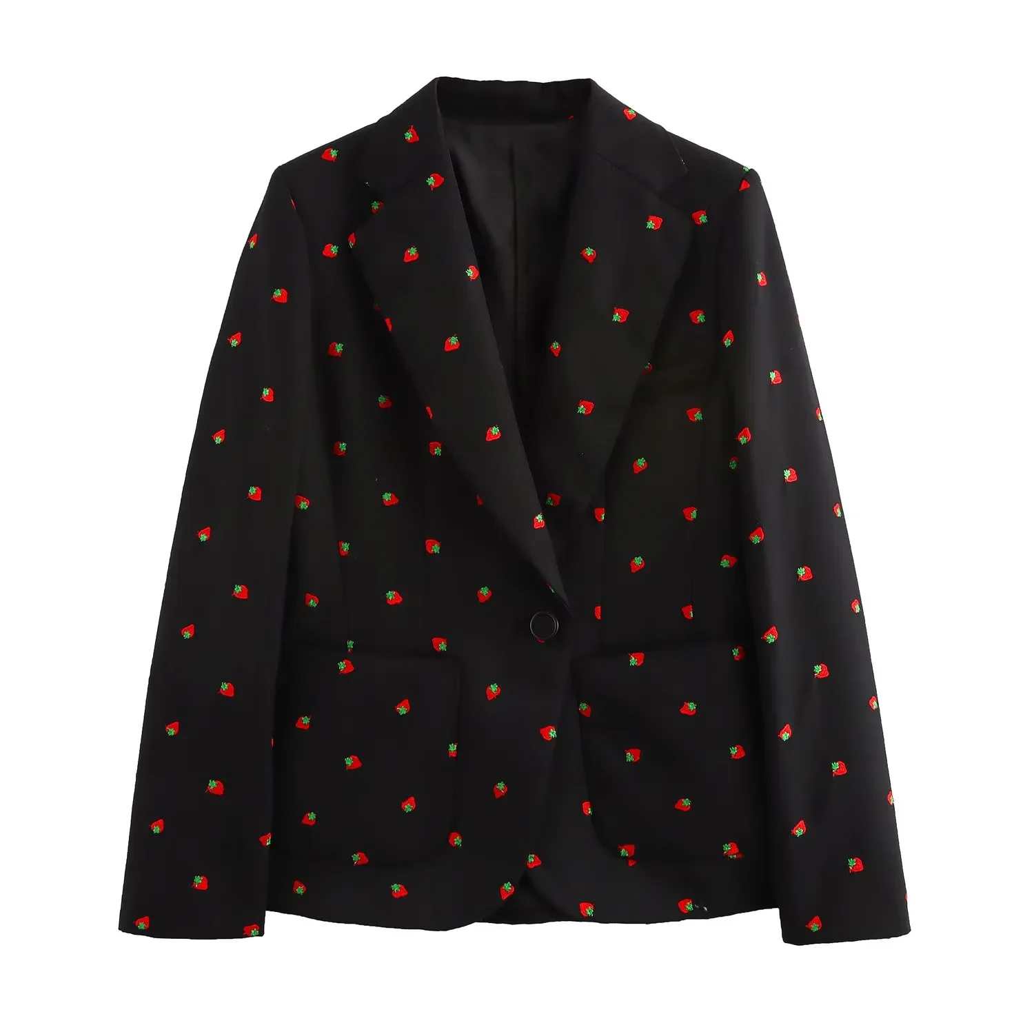thumbnail image 1 of HH TRAF 2024 Conjunto de 2 piezas para mujer, chaqueta de manga larga con bordado de frutas y bolsillo con hebilla única, abrigo y minifalda de cintura alta, 1 of 5