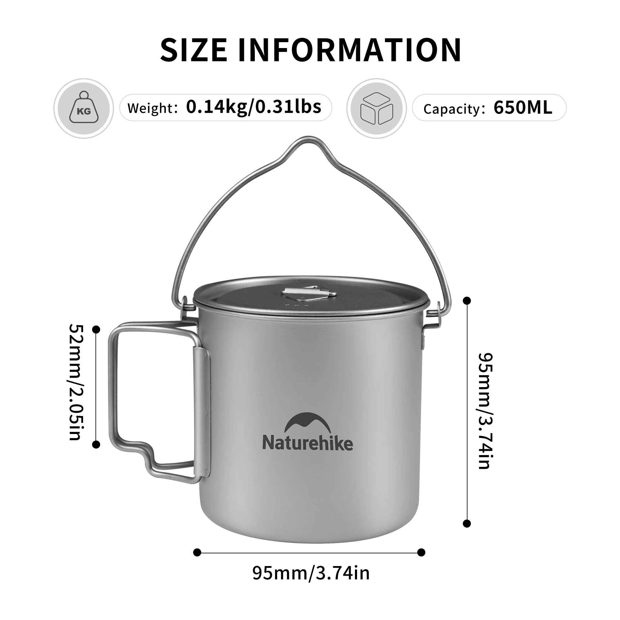 Naturehike Ti02 Ti02 650ml 900ml Titanium Hanging Pot Outdoor Camping Hiking Backpacking Picnic BBQ Portable Folding Cup Pan
