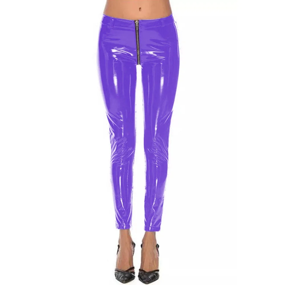 Women PVC Leather Legging Full Zipper Slim Faux Leather Pants Exotic Sexy Pencil Pants Open Crotch Erotic Club Skinny Trousers