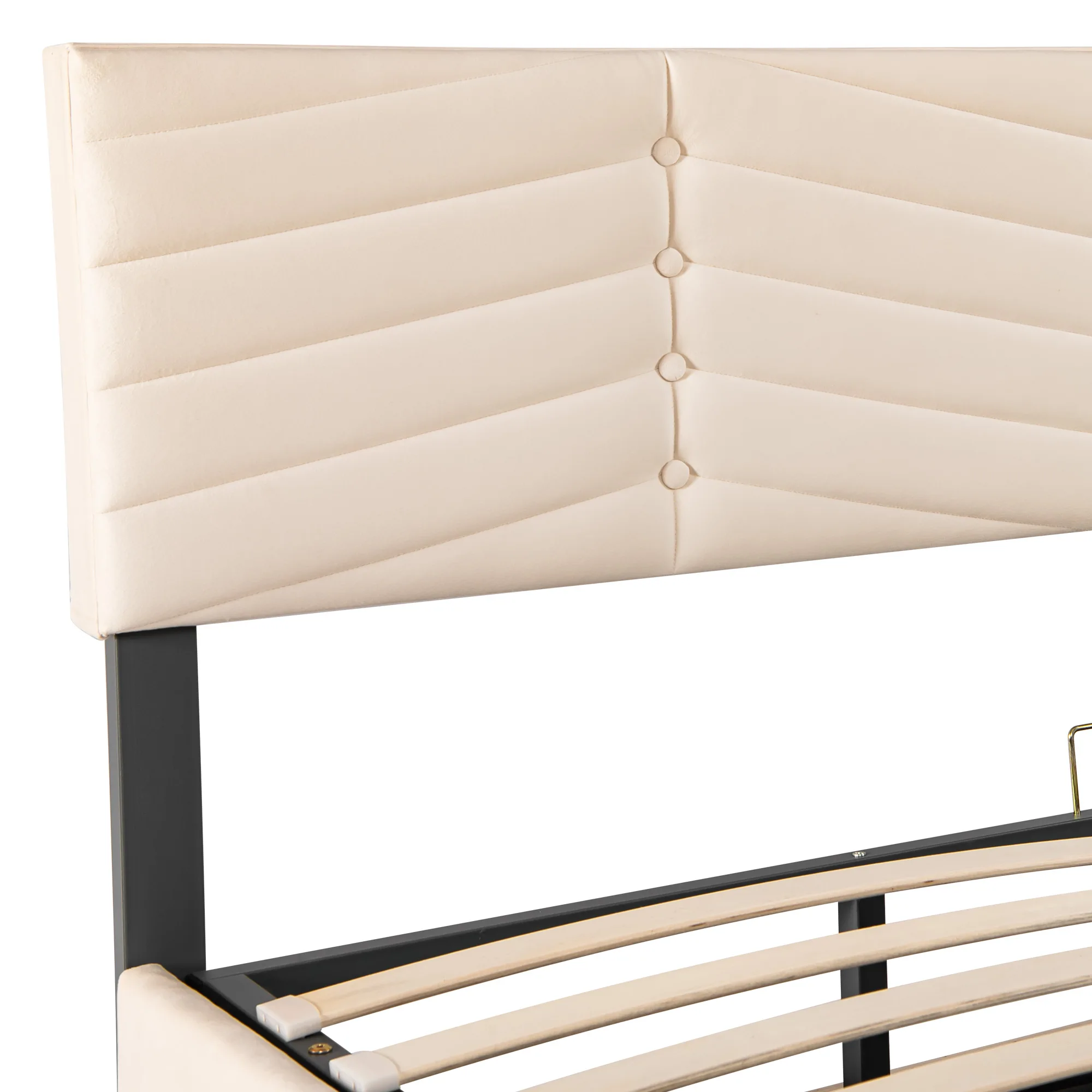Gepolstertes Doppelbett mit hydraulischer Funktion, höhenverstellbarem Kopfteil, 180 x 200 cm, beige Samt. – Detail 12