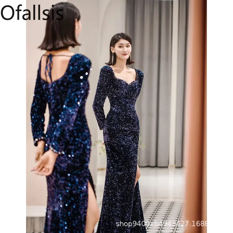 

Ofallsis Blue Square Neck Sequins Evening Dress 2023 Banquet High End Long Sleeve Fishtail Annual Meeting Light Luxury Dresses