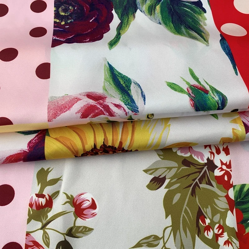 Luxury Brand Digital Printed Flower Polka Dots Pattern Stretch Satin Twill Fabric Fabrics Dress DIY Sewing Skirt Shirt Material
