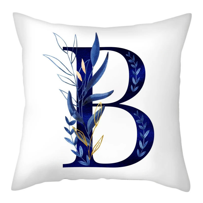 Simple Blue Leaf Alphabet Print Cushion Case 26 Letters Decoration Pillows Case Sofa Chair Livingroom Polyester Throw Pillowcase 