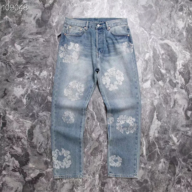 

Top Version Diamond Inlaid Kapok Jeans Men Women Blue Light Blue Nice Washed Heavy Fabric Oversize Denim Trouser