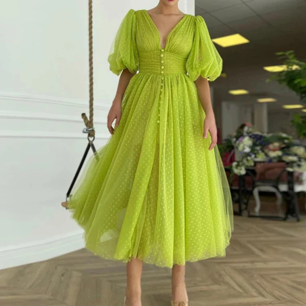 

Lemon Green Dotted Evening Dresses for Women 2023 Summer Puffy Short Sleeve Deep V Neck Wedding Guest Gowns A-Line Tea Length