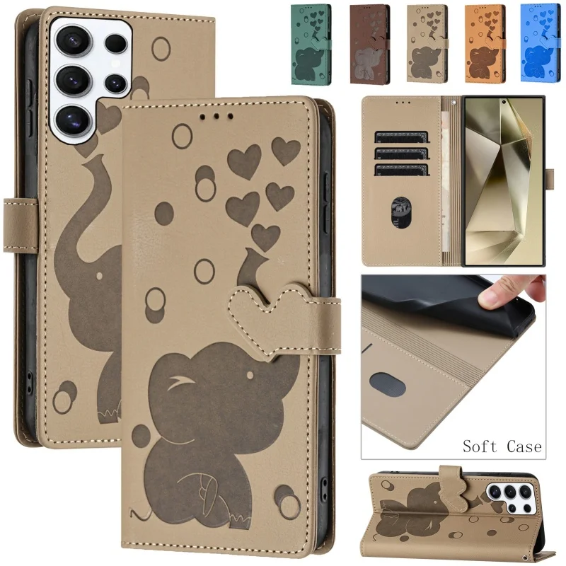Adorable Elephant Leather Flip Wallet Phone Case with Card Holder
