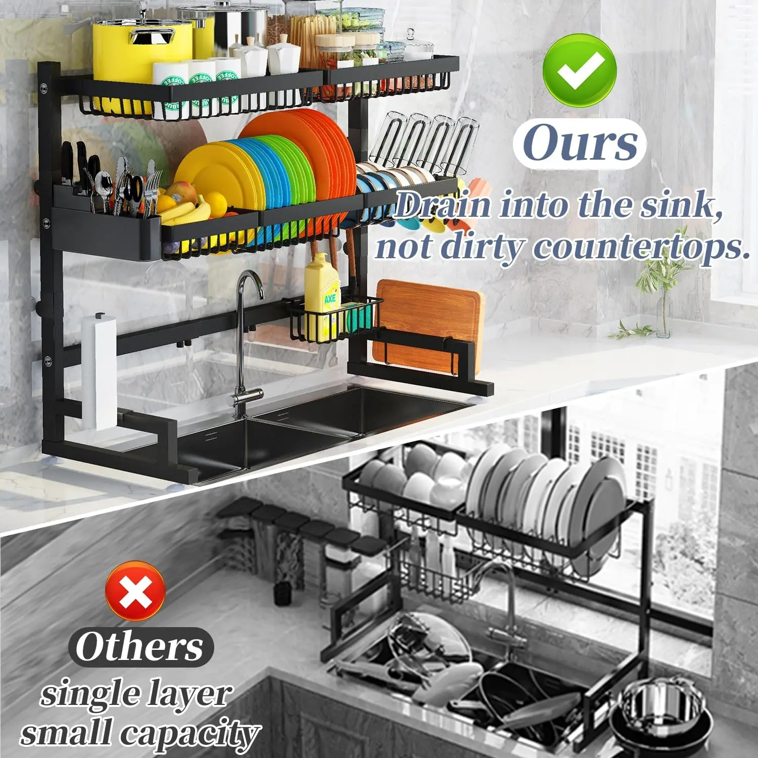 Over The Sink Dish Drying Rack (Expandable Height and Length) Snap-On Design 2 Tier Large Dish Rack Stainless Steel 6