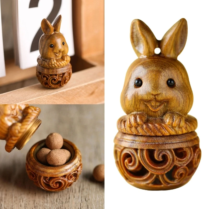 Mini Wood Pills Storage Can, 3D Carved Rabbit Designs Box, Pendant Accessories for Essential Oils and Small Items 3