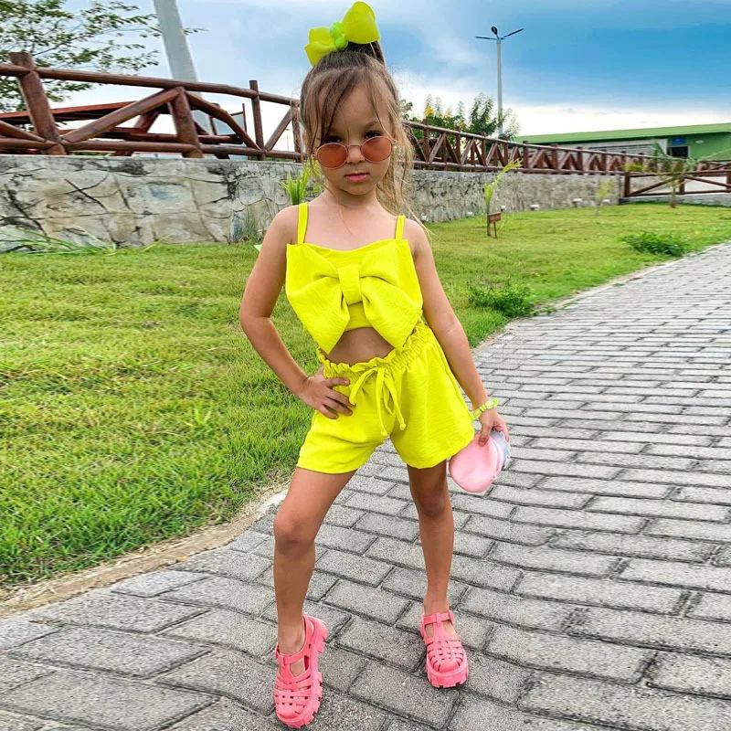 Girls Clothes Leaf Vest + Short Girls Outfits Big Bow Girl Outfit Summer  Childrens Clothing 6 8 10 12 14 - Children's Sets - AliExpress