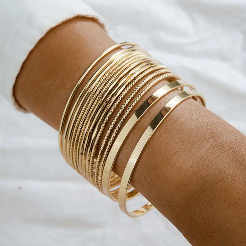 14Pcs/Set Women Metal Bangle Bracelets Punk Bohemian Golden Color Cuff Bangles Jewelry Accessories