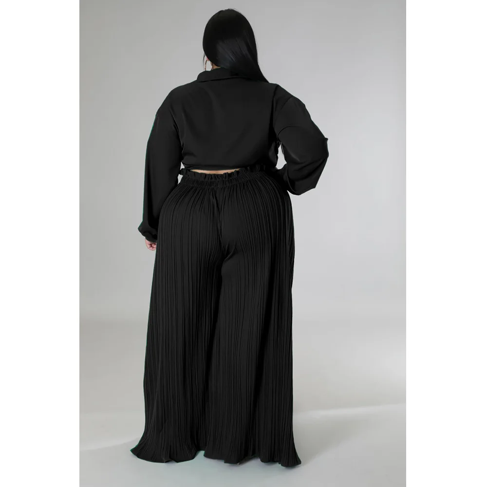 Plus Size Women 5xl Sets Solid Blouse Tops And Wide Leg Pants 2022 Autumn Two Piece Sets Fashion Bandage Wholesale Clothes