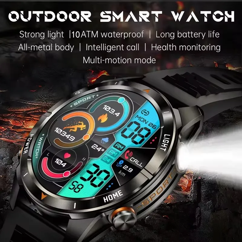 LIGE Outdoor Sports Smart Watch Men 1.46" AMOLED Screen LED Flashlight 515mAh Battery 3ATM Waterproof Bluetooth Call Smartwatch