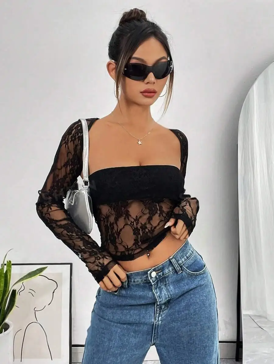 Women's Tops T-Shirt Autumn New Style Sexy Slim Low-Cut Lace Backless Hollow-Out Midriff-Baring See-Through Long-Sleeve Shawl Chest Wrap Set