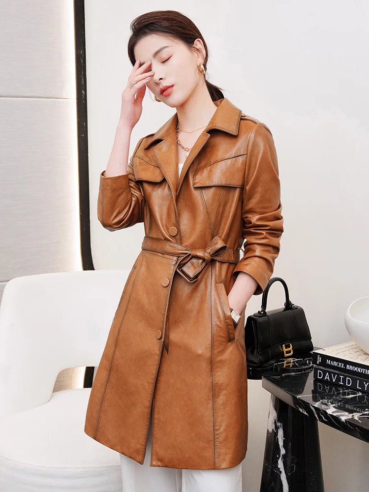 

Haining Sheepskin Leather Garment Women's Mid length 2021 Spring and Autumn New Leather Windbreaker Lace up Slim Waist Wrap